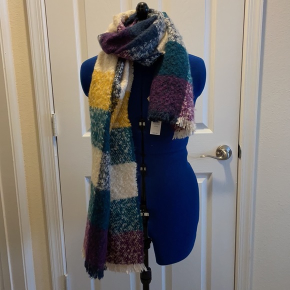 Purple yellow and teal Plaid rectangle scarf - Picture 2 of 6